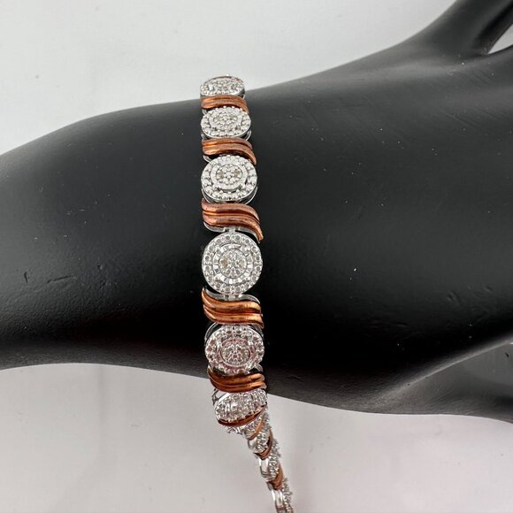 Beautiful Rose Gold Overlaying Sterling Silver Diamond Bracelet - Picture 12 of 14
